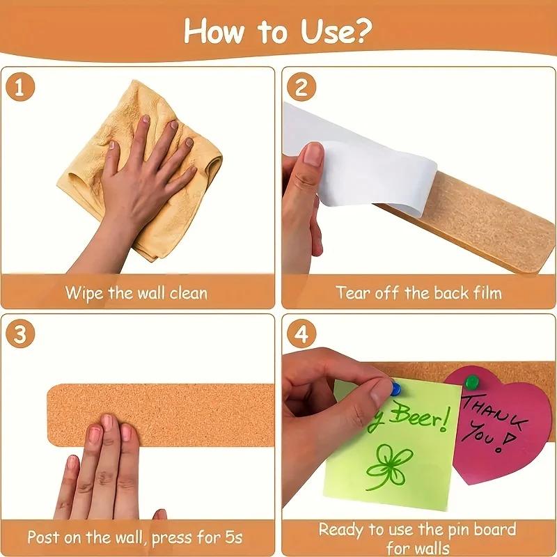 2/4/8pcs Long Cork Strips Self-Adhesive Cork Felt Announcement Strips for Bulletin Board Message Board Home School Office Decor