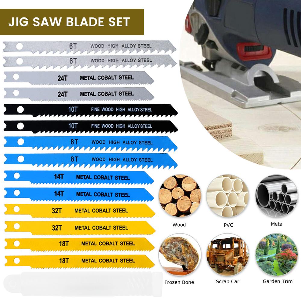 14Pcs U-shank Jig Saw Blade Set T6/T8/T10/T14/T18/T24/T32 Assorted Saw Blades for Thin Metal Wood Plastic Cutting