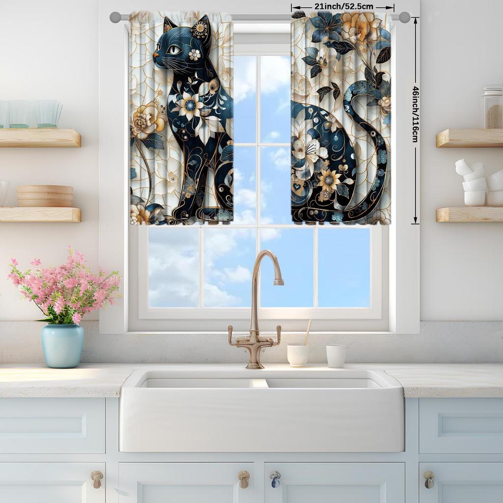 2pcs Elegant Printed Cat Printed Curtains   Shade and Privacy Protection   Suitable for Decorating Various Rooms