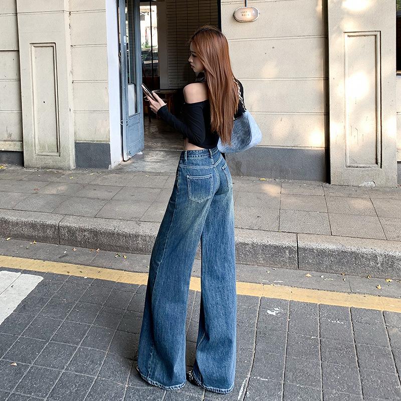 Slightly Pulled Jeans Women's Spring American Retro High Waist Drape Niche Front Bag Covering Hips Wide Legs Flared Pants Women