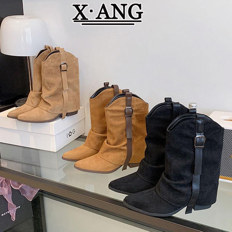 Cowhide version pointed thick heel thin trouser boots women's retro western cowboy boots women's Maillard brown knight boots