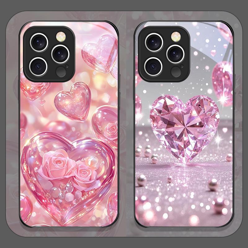 Stylish Pink Heart-Shaped Crystal Tempered Glass Phone Case for iPhone 17 16 Pro Max 15 14 13 12 11 Mini XS XR 7 8 14 Plus Cover