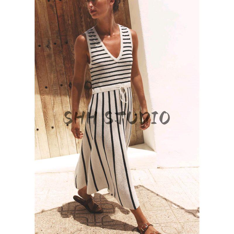 Summer New Product Women's Clothes V Neck Sleeveless Straight-leg Hem Stripes Patchwork Cut Knitting Dress 8779633