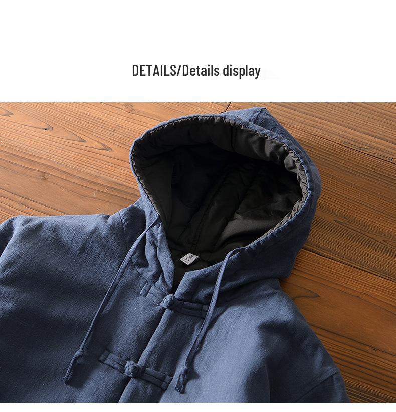 Men's Winter Fleece-Lined Ramie Cotton Coat with Chinese Frog Buttons