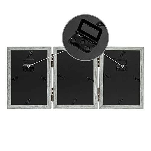 Afuly Wall-Mounted Photo Frame, 3-Panel, Postcard Compatible, Gray, Foldable, 360° Rotating, Wood Grain Finish, Perfect Gift for Weddings, Birthdays,