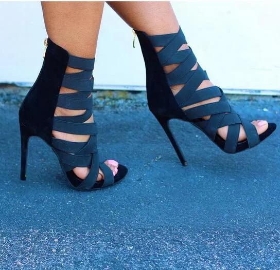 Fashion Elastic Cross Strap Open Toe Women Boots Stiletto Heel Back Zipper Gladiator Style Sandal Boots 2025 Summer Novelty Fashion Shoe