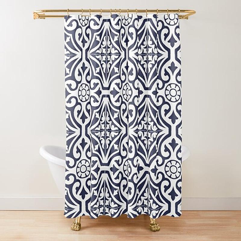 Moroccan Trellis Lattice Pattern Shower Curtain,Indigo Navy Blue White Vintage Geometric Lattice Bathroom Curtains With Hooks