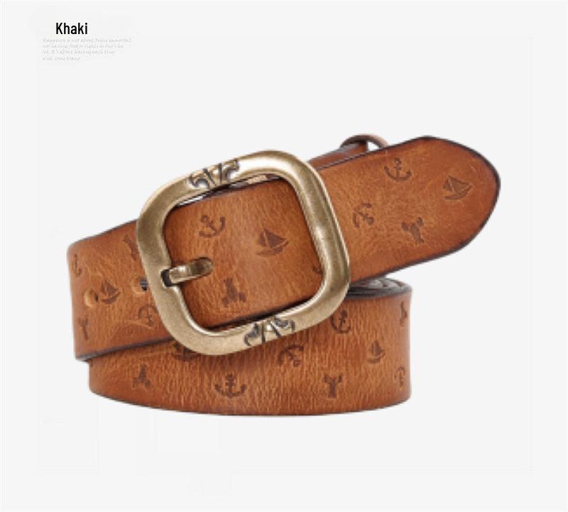 Unisex Handmade Retro Genuine Leather Belt with Solid Copper Pin Buckle