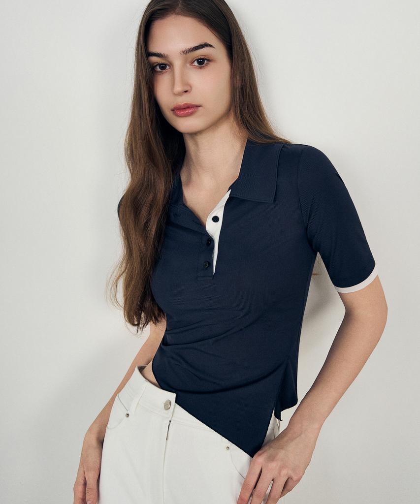 Laneonkyulleoseu Asymmetrical Cutout Collar Short Sleeve Top_Navy