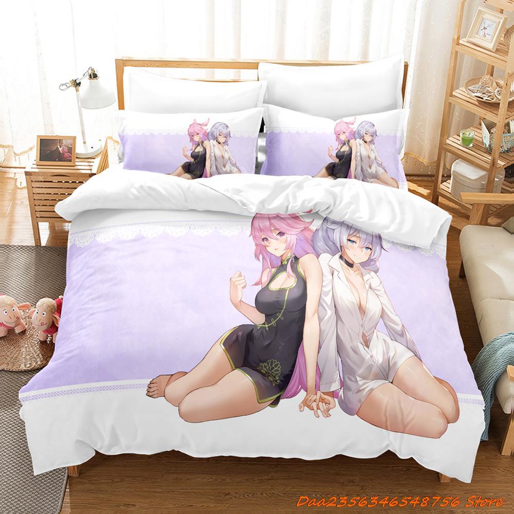 Bettdecke Honkai Impact 3 Bettwäsche-Set Cartoon Anime Dreiteiliges Set Erwachsener Kind Schlafzimmer Bettdecken-Sets 3D Kawaii Mädchen Niedlich Damen Bettwäsche-Set