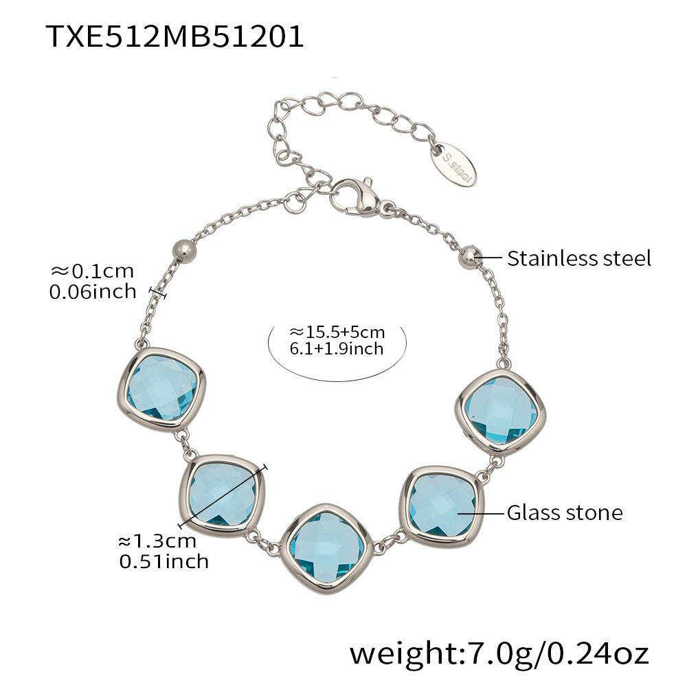Stylish European & American Stainless Steel Jewelry Set with Square Faceted Glass Stones: Includes Bracelet, Necklace, and Earrings