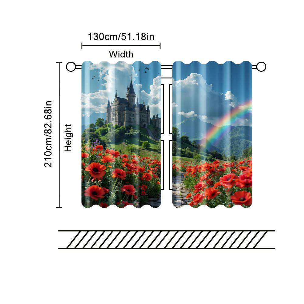 2 Pcs, Filtering Curtains (excluding Rods, Non-movable, Without Batteries) Castle & Floral Rainbow for Use In Bedrooms and