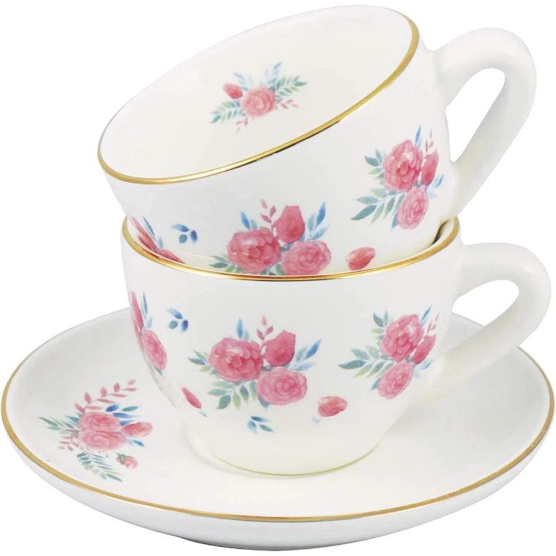 Servizio da tè in porcellana per bambine con cestino da picnic rosa, design floreale, 13 pezzi
