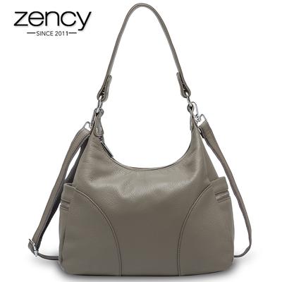Zency 100% Genuine Leather Fashion Women Shoulder Bags High Quality Hobos Elegant Lady Tote Handbag Black Grey Crossbody Bags