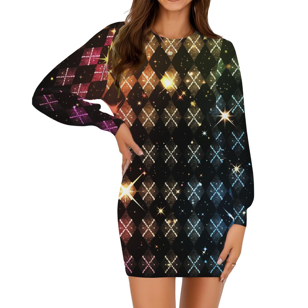 Ladies fashion casual round neck long sleeve Carnival print dress