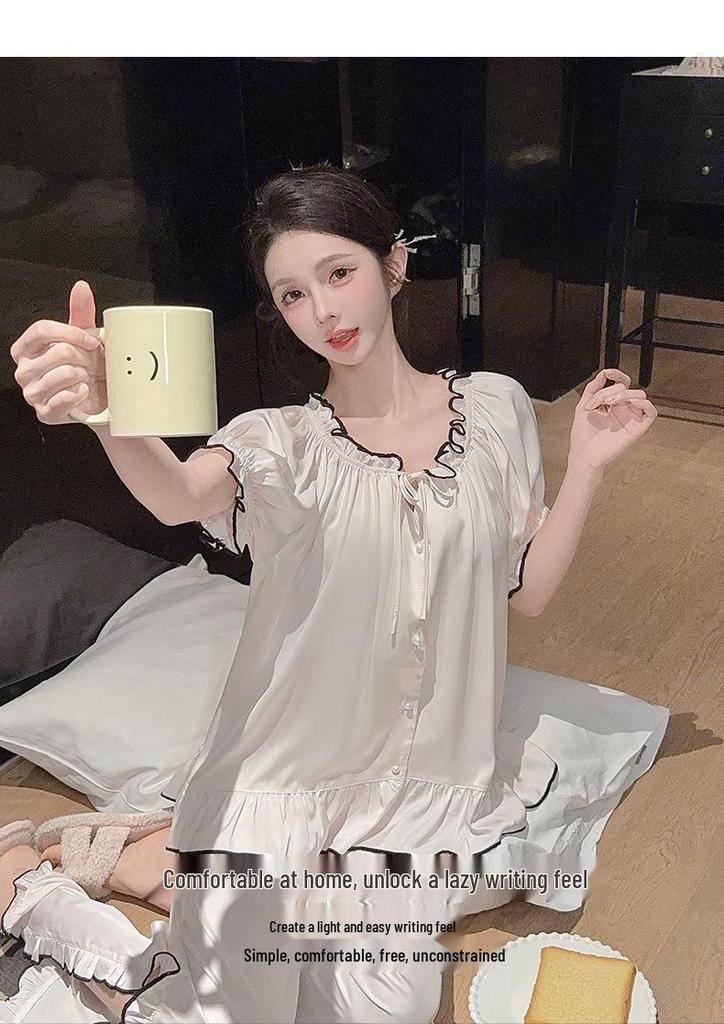 Ice Silk French Sweetheart Pajama Set - Short Sleeve, One-Shoulder, Women's Summer Loungewear