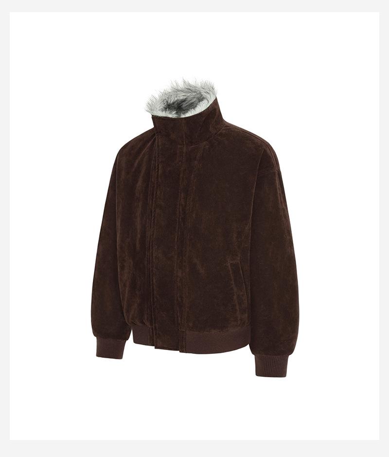 Unisex Winter Hunting Jacket: Wolf & Eagle Design, Thick Velvet & Cotton, Asymmetrical Lapel, Suede Accent, Stand Collar.