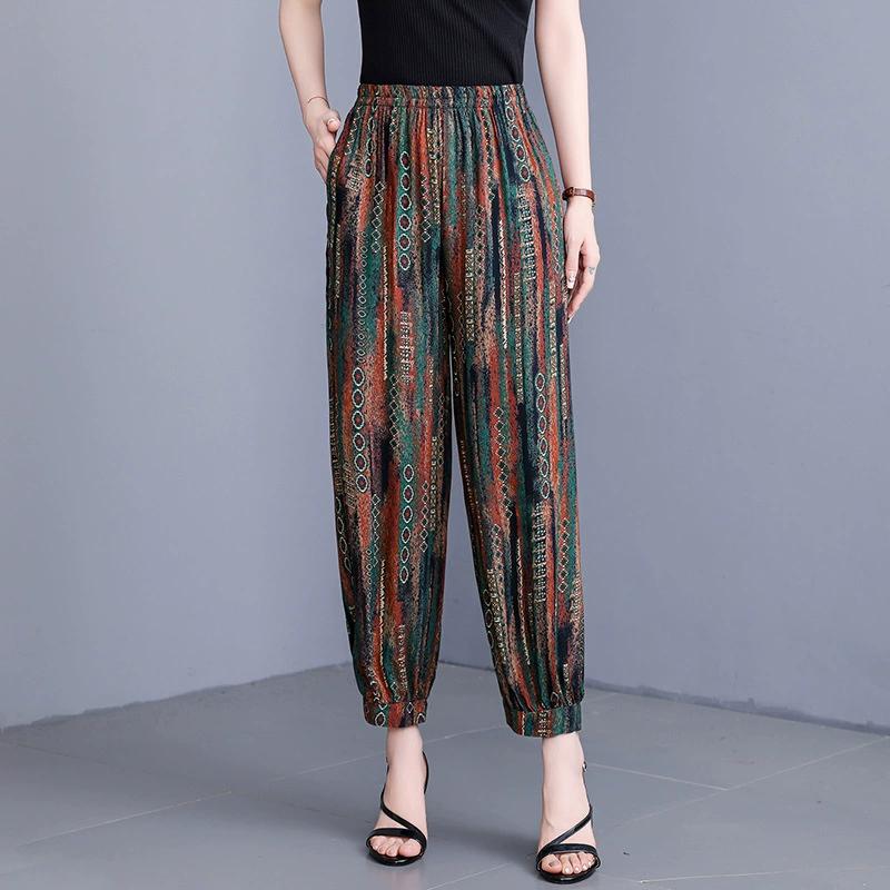 Woman Summer High Waist Pants Plus Size Elastic Waist Floral Lantern Pants