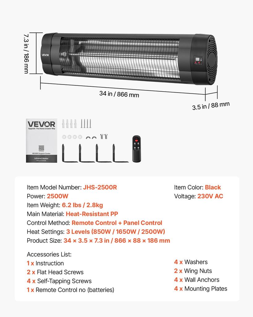 Infrared Heater 2500W Electric Space Heater 3 Heat Settings Black, Remote & Panel Control, 24 Hours Timer, Premium PP Material, Even Warmth for