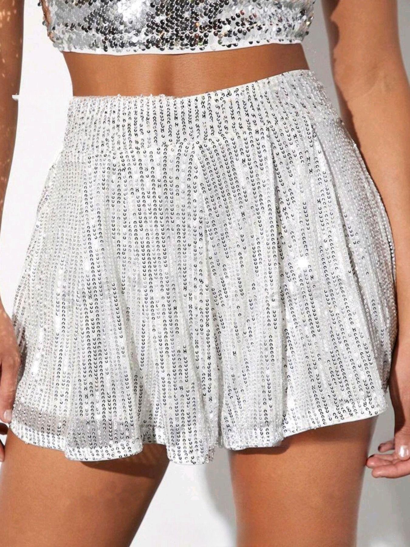Cross-border European and American foreign trade women s Amazon new popular fashion shiny bead shorts shiny women s trouser skirts S белый