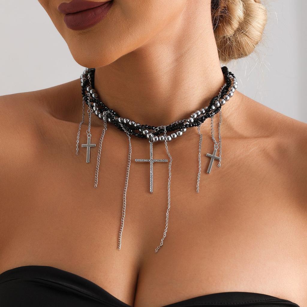 Bijuterii Delicat Cruce Ciucure Pandantiv Margele de Orez de Sticlă Lanț Claviculă Colier Trend Multi-Strat