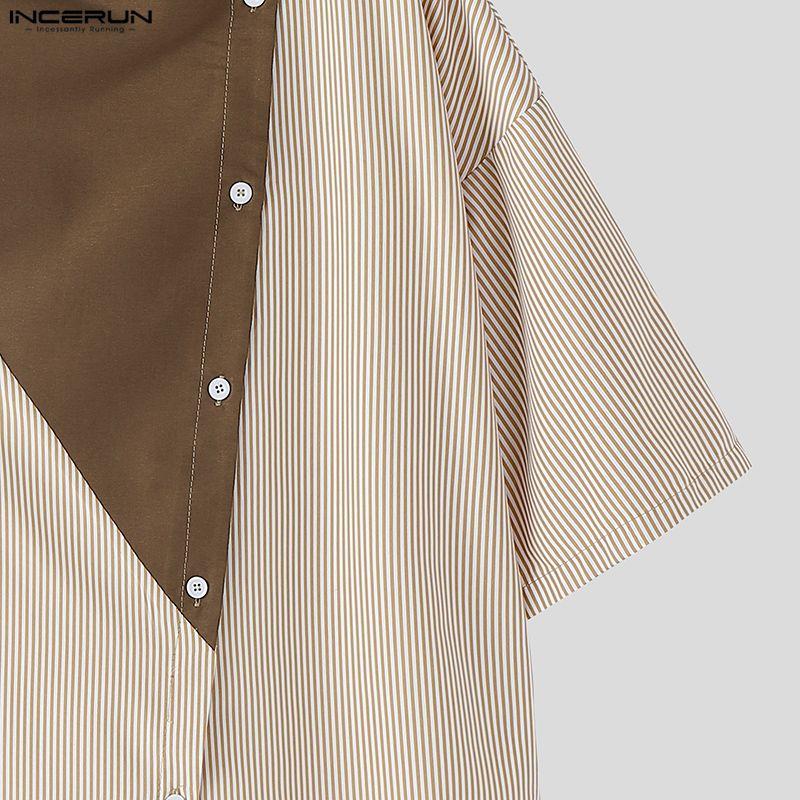 INCERUN Summer Men Stand Neck Short Sleeve Patchwork Casual Loose T-shirts Tops