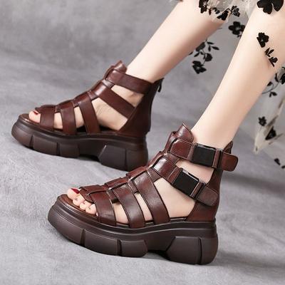 Soft Leather Retro Sandals Women's Summer New Hollow Platform Platform Platform High Heel Sandals