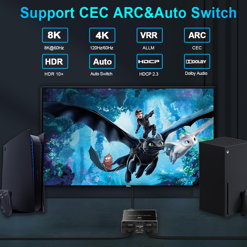 8K HDMI 2.1 Audio Extractor ARC 2 In 1 OUT CEC EDID HDMI Switch 2x1 for PS5 Amplifiers Soundbars