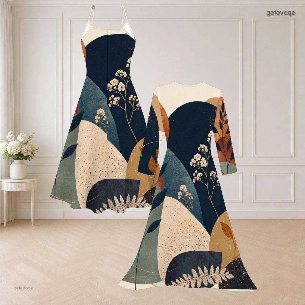 Women Plus Size Two Piece Set Abstract Printed V Neck Strappy Flared Dress Three Quarter Sleeve Long Open Front Cardigan Blue White Beige