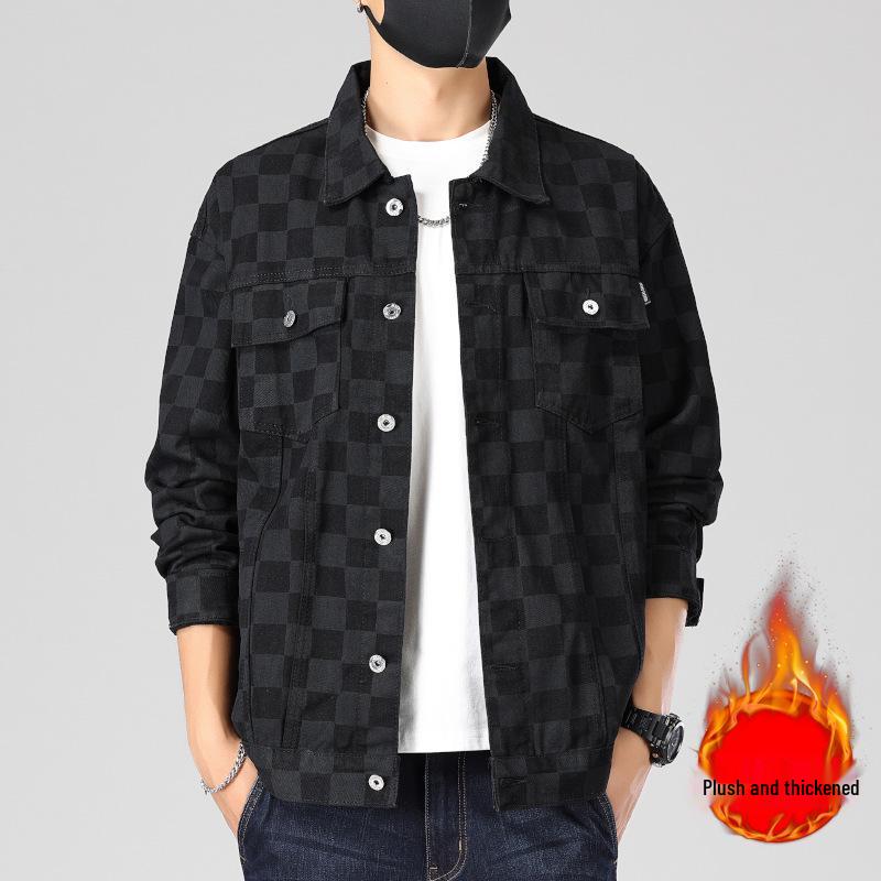 Men's Loose Plaid Grid Plush Denim Jacket - Korean Style, Youthful, Long Sleeve for Autumn/Winter
