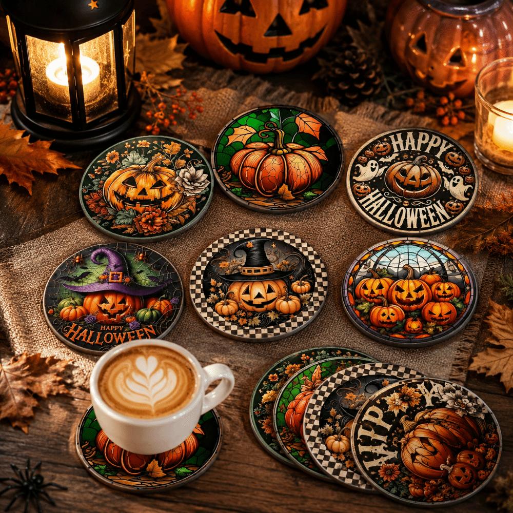 6pcs Wooden Halloween Coasters Ghost Heat Insulation Pad Halloween Ornaments Halloween Cup Mats Bar