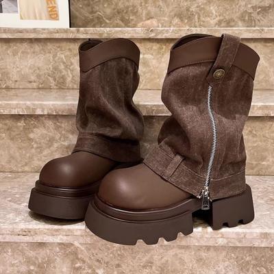Western Cowboy Boots Women's Thick-soled Heightening Martin Short Trouser Boots 2025 New Small Pile Knight Boots