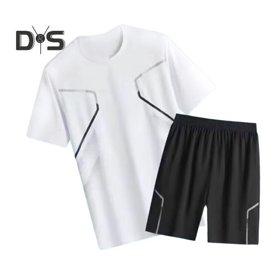 

Комплект из 2 предметов: мужской спортивный костюм, круглый вырез, короткий рукав, футболка, эластичный пояс, шорты, быстросохнущая спортивная одежда 4XL белый
