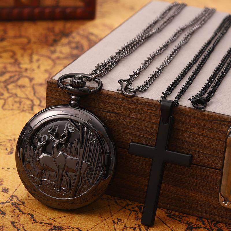 

2 шт./комплект, ретро модные мужские черные карманные часы, винтажные кварцевые карманные часы Deep Forest Deer для мужчин и женщин и 1 шт. классическое ожерелье с крестом