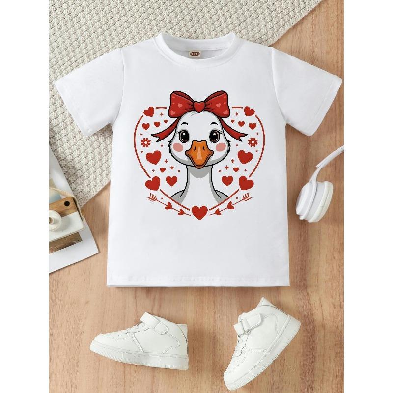 Europäische Größen Süßer und Niedlicher Entenaufdruck in Herzform, Rundhals-T-Shirt für Mädchen, Stilvoll und Bequem, Perfekt zum Spielen im Freien.