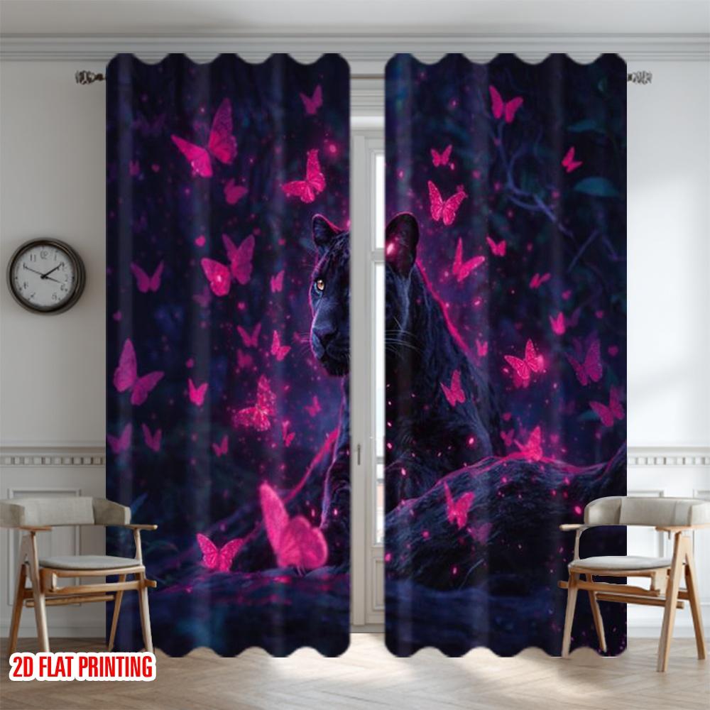 2D flat printing 2pcs Curtain Window Treatment Curtains Panther with Glowing Butterflies Digital Printed Polyester Drapes Family