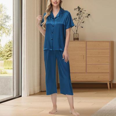 2 Stuks/Set IJszijde Pyjama Revers Knopen Lange Mouw Shirt Elastische Taille Wijde