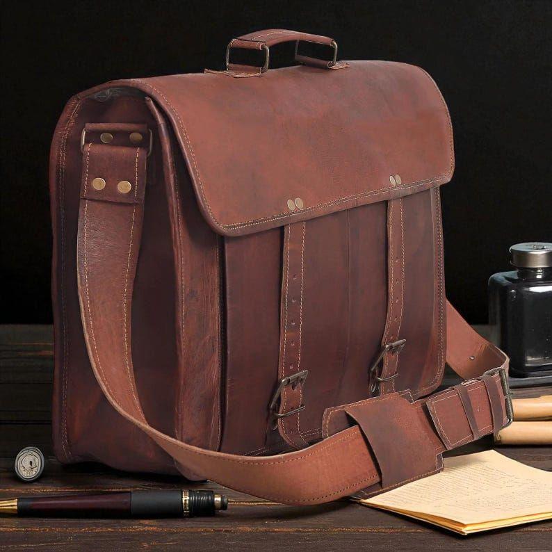 Handmade Goat Leather Messenger Bag – Vintage Laptop Briefcase for Men & Women | Canvas-Lined Satchel by Broken Artisan