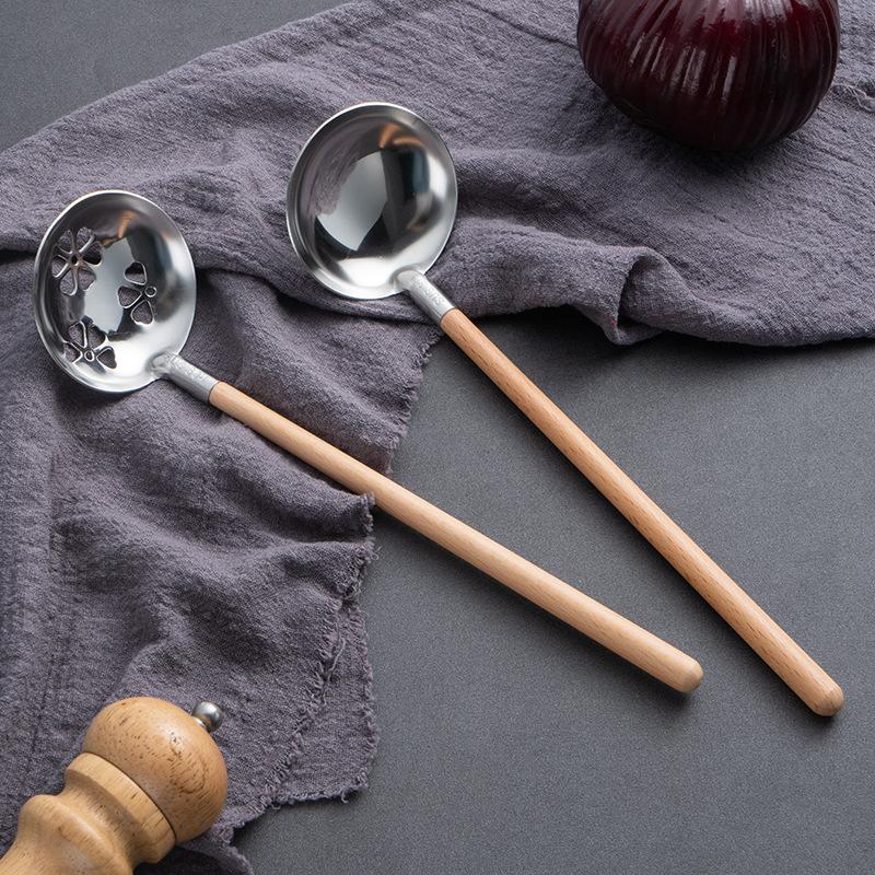 HANYANG Wooden Handle Hot Pot Spoon 304 Stainless Steel Soup Shell Soup Funnel Household Leakage Shell Extended Handle Soup Ladle Leakage Spoon