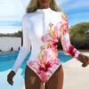 Women Long Sleeve One Piece Swimsuit Zip Front  Island Coconut Tree Print Rash Guard Surfing Bathing Suit