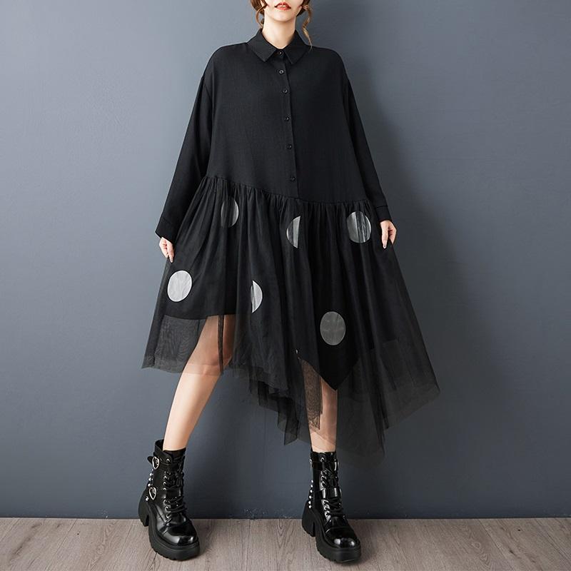 Robe chemise à manches longues grande taille en coton noir à pois vintage, nouvelle collection, robes pour femmes, décontractée ample, printemps automne