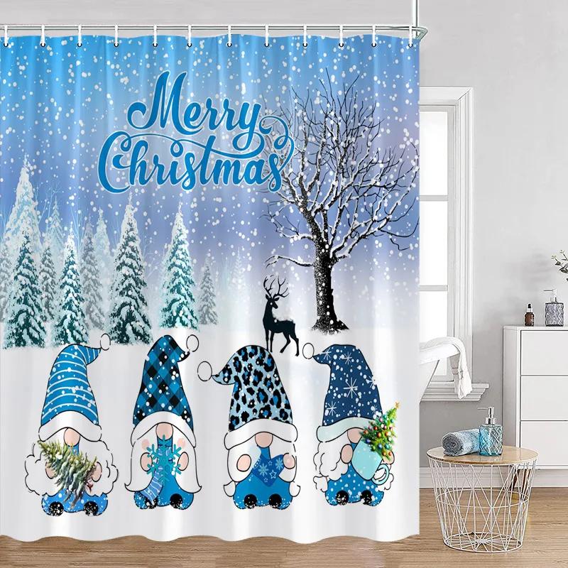 Blue Snowman Shower Curtain Fir Branch Xmas Ball Gift Snowflake Winter Christmas Bath Curtain Set Home Bathroom Decor with Hoo