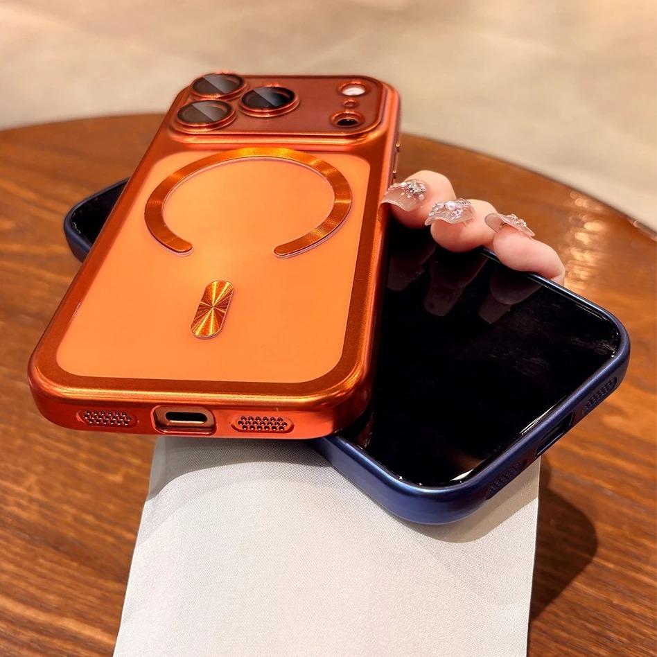 Magnetic Plating Transparent Phone Case For iPhone 17 16 15 14 13 Pro Max 15Pro 17Pro For Magsafe Lens Protector Clear Cover