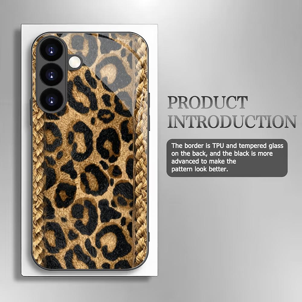 Leopard Pattern Black Glass Phone Case Suitable for Samsung Galaxy S26 S25 S24 S23 S22 S21 S20FE/Ultra/Plus Anti Drop Back Cover