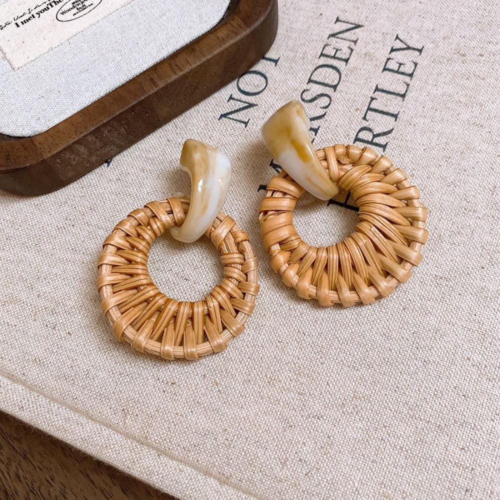 Round Rattan Weave Earrings Wood Geometric Earrings Temperament Bohemian Drop Earrings Party