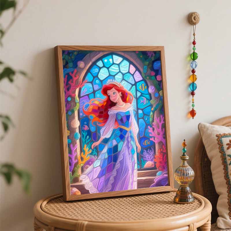 Disney Mermaid Stained Glass Painting by Numbers Hand Filled Drawing Art Kit Home Decor