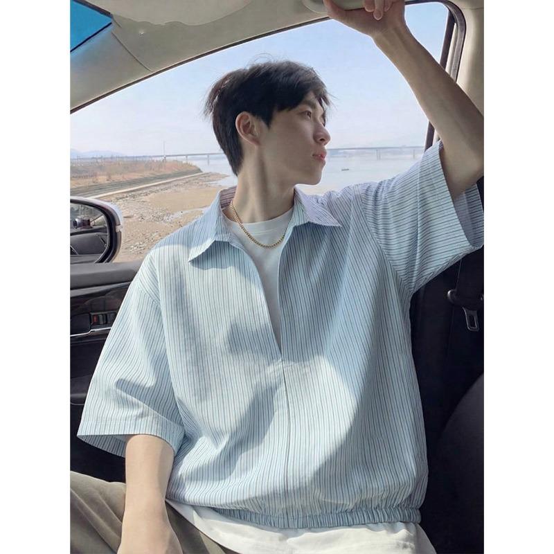 Men Vertical Stripe Short Sleeve Button Down Shirt Oversized Casual Lapel Shirt for Men