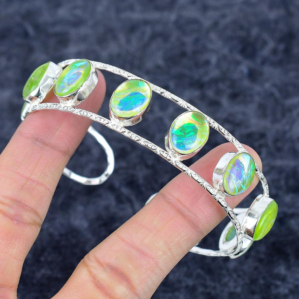 Green Triplet Opal Gemstone 925 Sterling Silver Cuff Bangle Adjustable M-3319