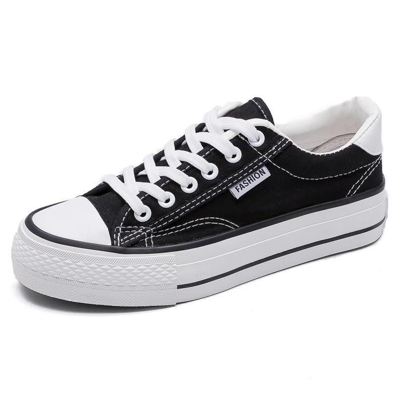 Thick-soled canvas shoes, women's flat low-top white shoes, student casual retro board shoes, spring fashion and versatile