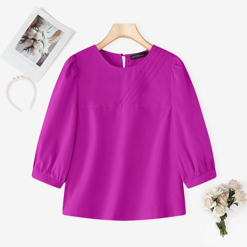 ZANZEA Women Casual Round Neck Solid Color Half Sleeve Blouse
